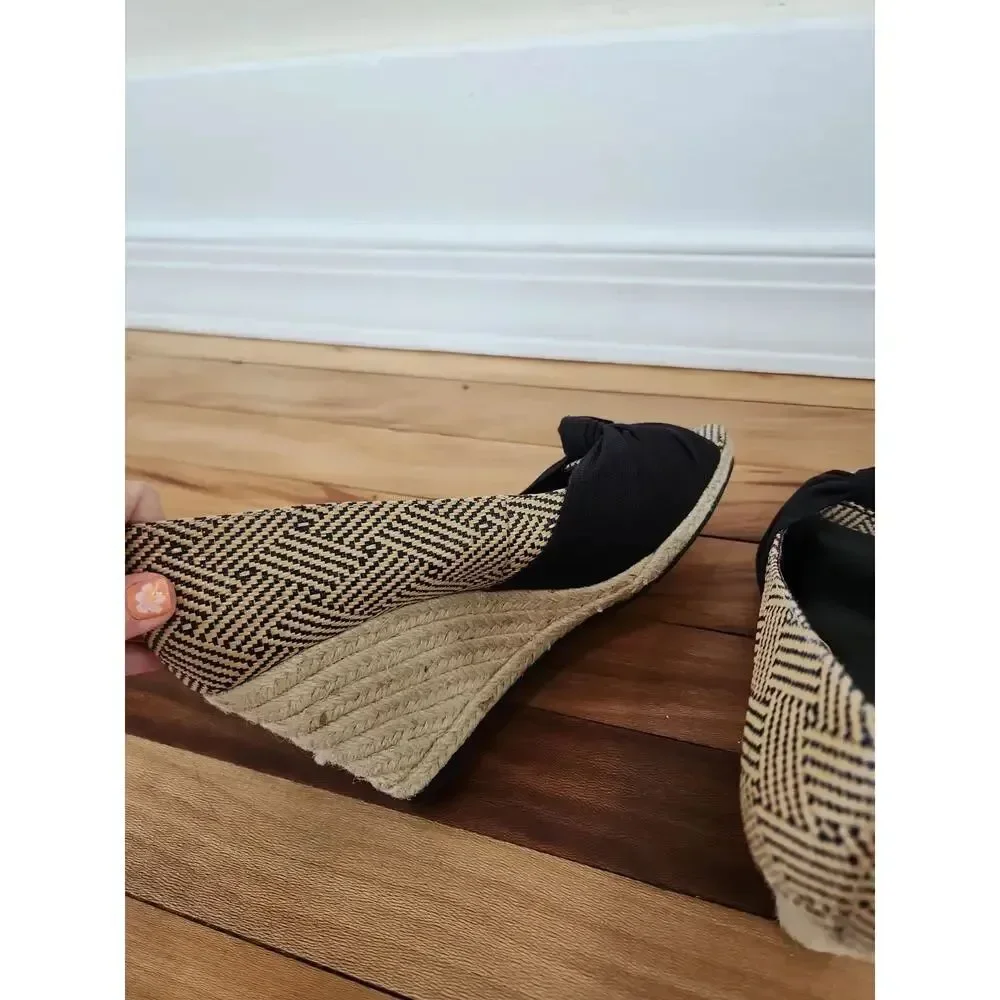 Kelly & Katie Bow Peep Toe Wedge Sandals Fabric Women's Heels 8.5 Espadrille